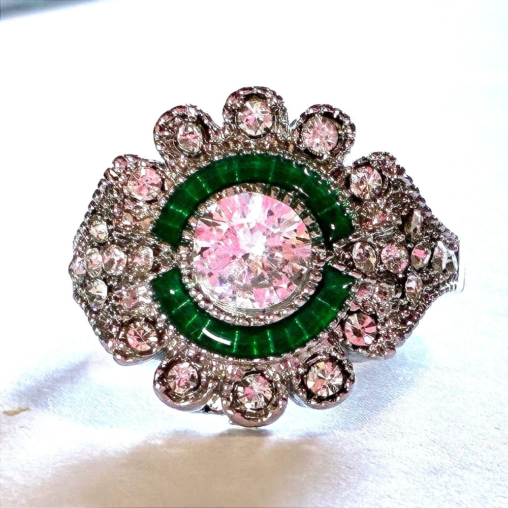 Emerald Green Art Deco Halo Target Ring Vintage 925 Sterling Silver Size 7.5